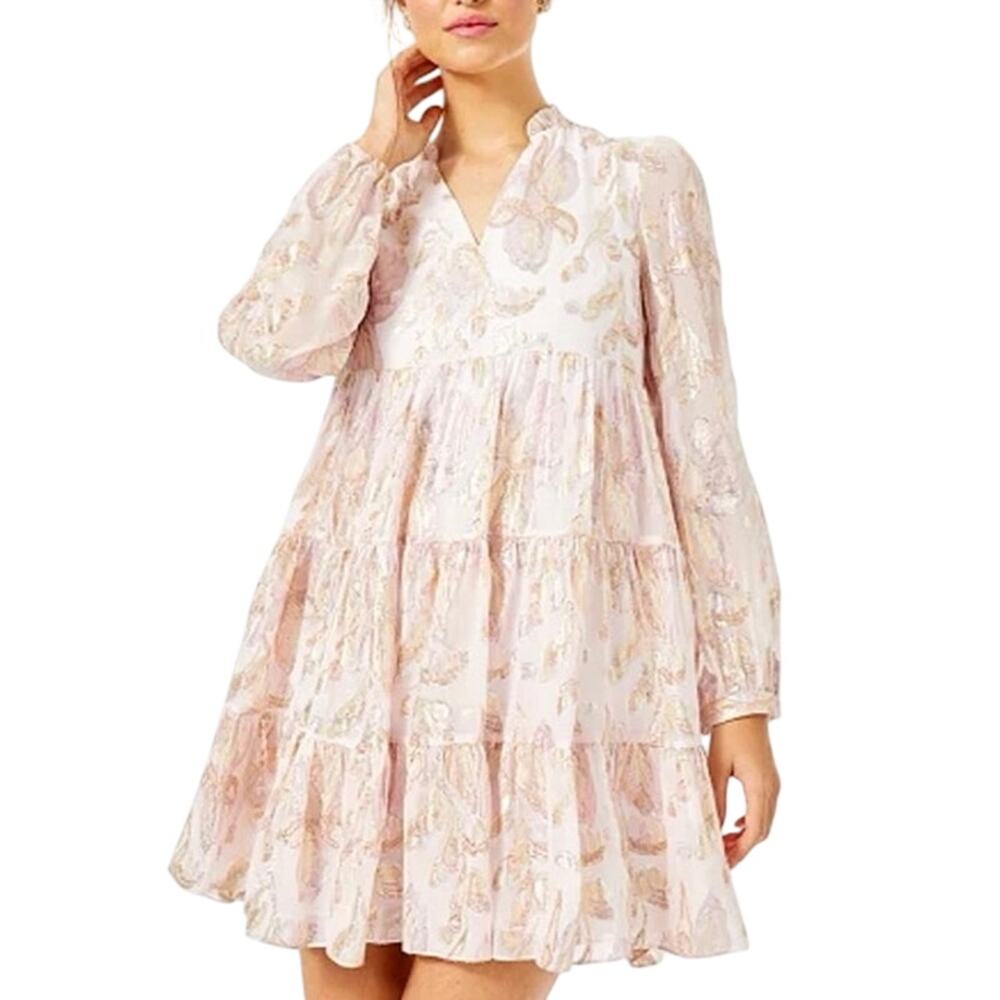 Lilly Pulitzer Sarita SilkDress. Cream Dress Pink Gold Metallic Accents size 6